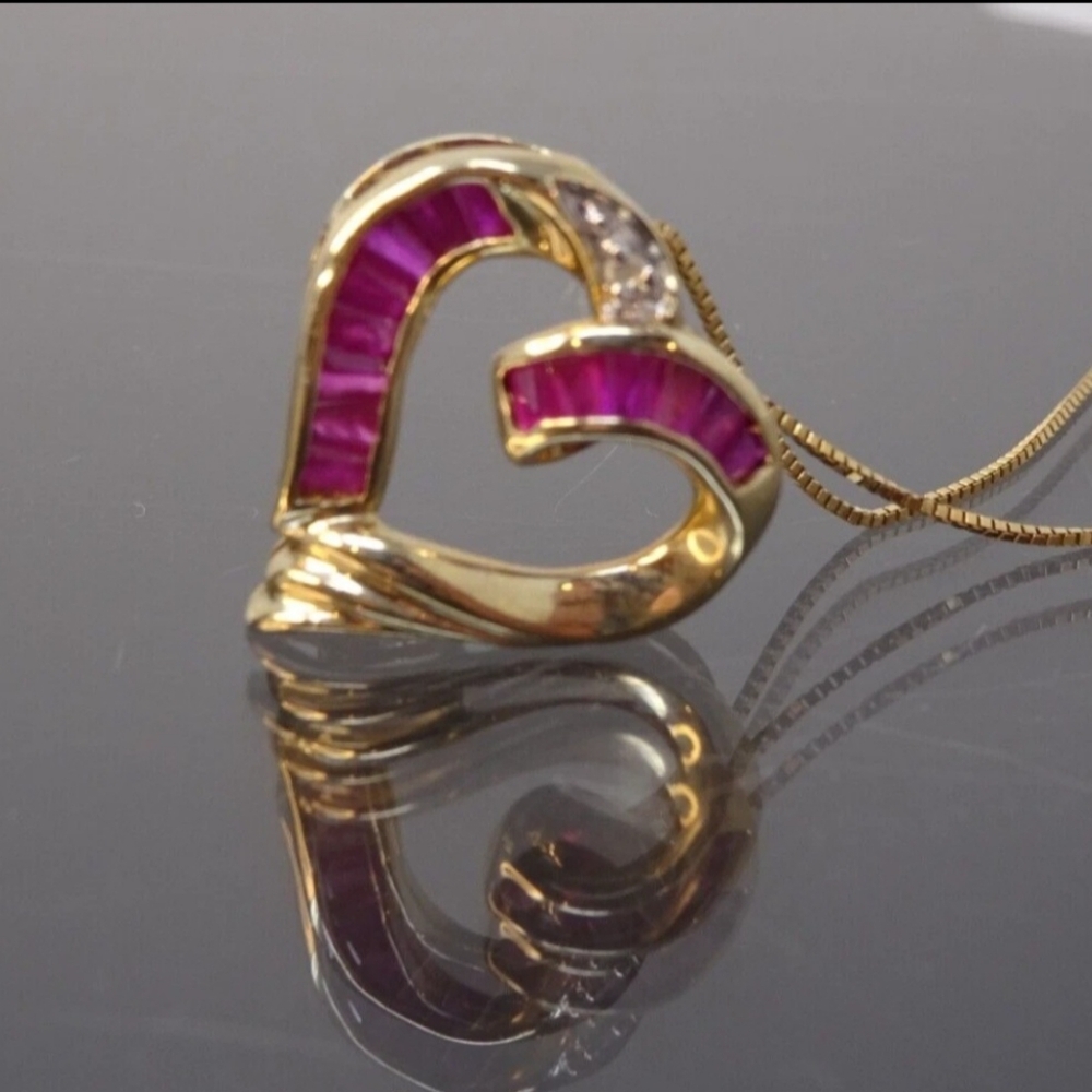 Gold RUBY Heart Pendant Necklace and Hoop Earrings Set